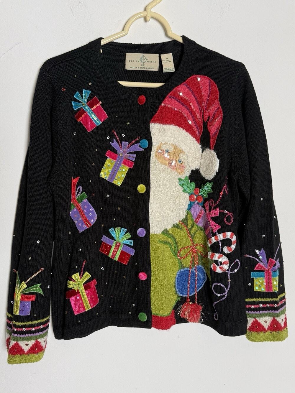Design Options VTG Christmas Medium Black Cardigan Santa Sweater-Embellishment